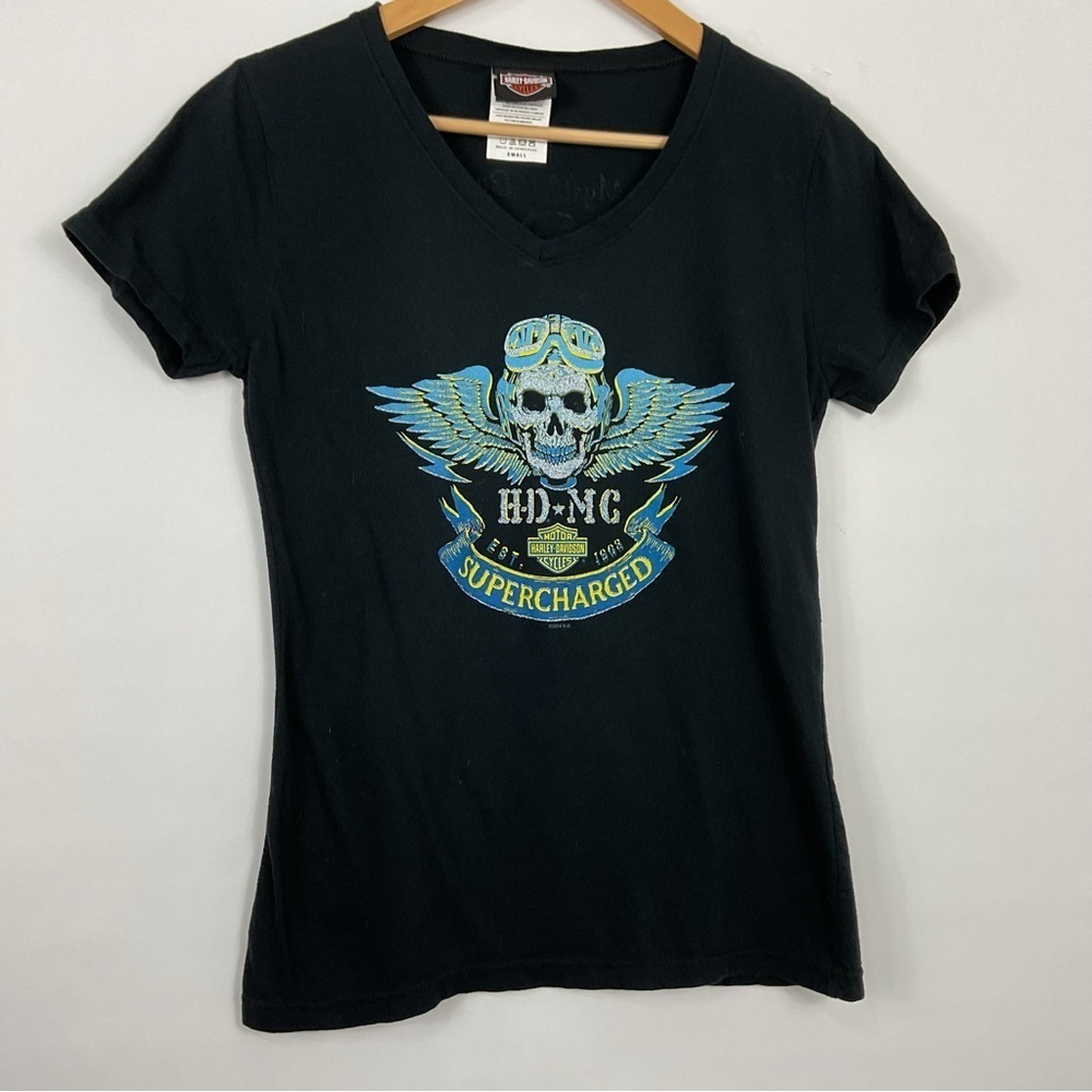 Harley-Davidson Supercharged Short Sleeve V Neck‎ T Shirt Size Small